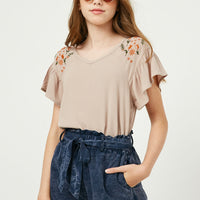 Embroidered Flutter Sleeve Top