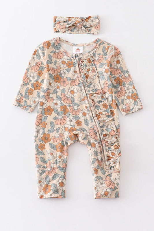 Beige Floral Bamboo Zip Up w/ Bow!