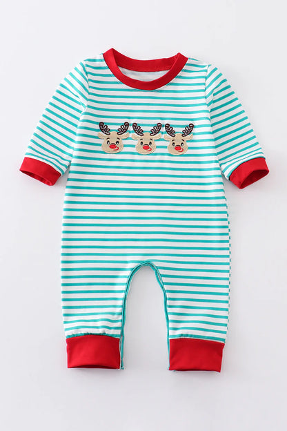 Green Striped Reindeer Romper