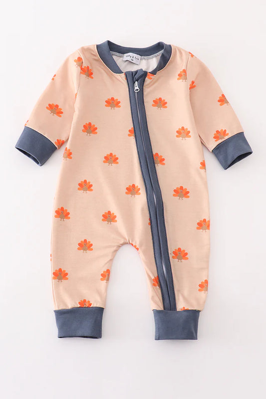 Turkey Print Zip Romper