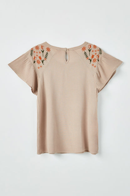 Embroidered Flutter Sleeve Top