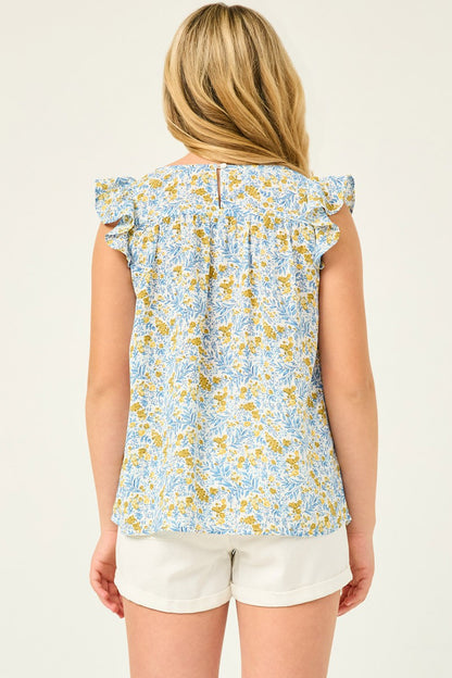 Floral Flutter Sleeve Smocked Bodice Top - That's So Darling