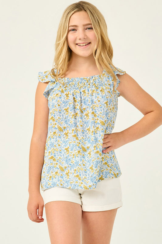 Floral Flutter Sleeve Smocked Bodice Top - That's So Darling