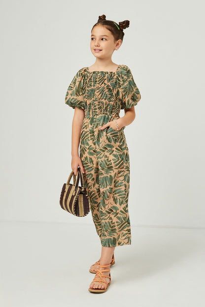 Tropical Leaf Print Smocked Puff Sleeve Jumpsuit