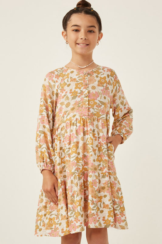 Floral Sketch Print Button Detailed Dress - That's So Darling