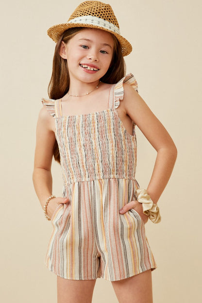 Textured Stripe Ruffle Strap Smocked Romper - That's So Darling