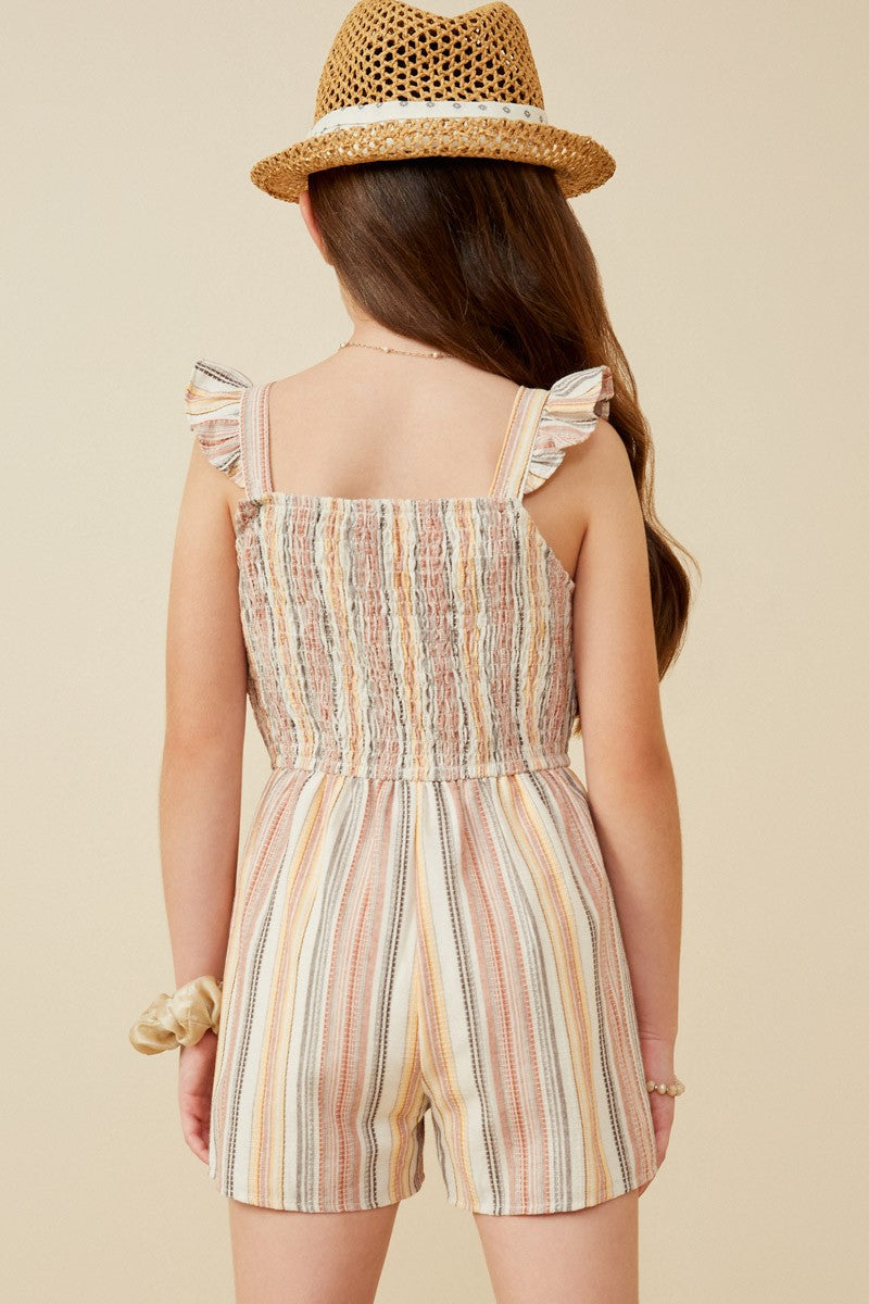 Textured Stripe Ruffle Strap Smocked Romper - That's So Darling