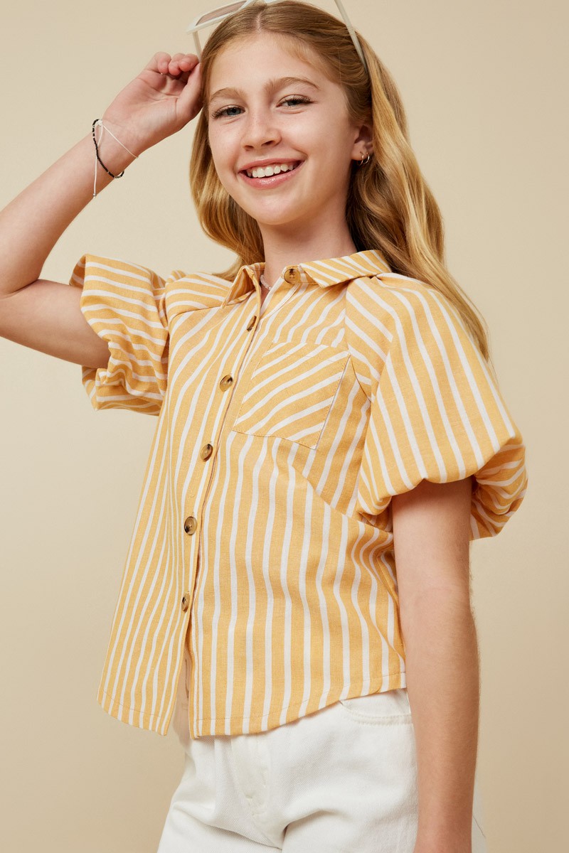 Striped Puff Sleeve Button Up Poplin Shirt