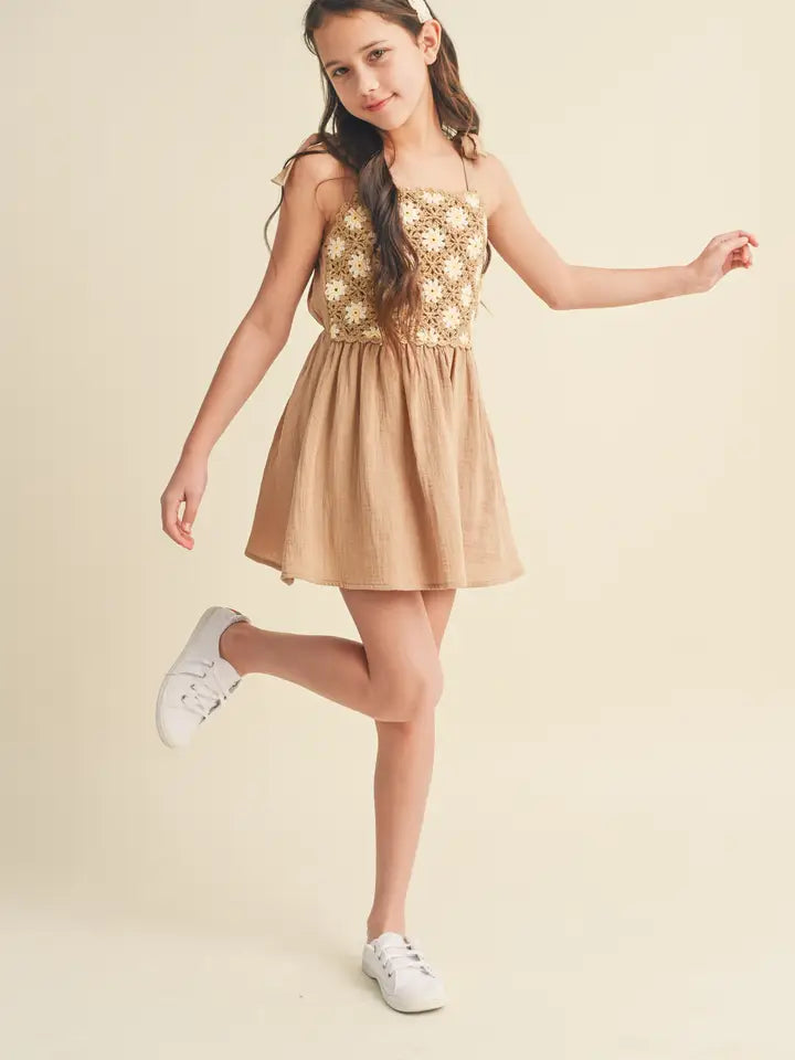 Tween Crochet Tie Shoulder Mini Dress