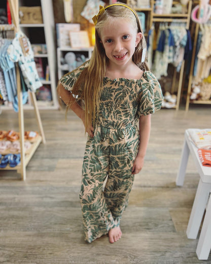 Tropical Leaf Print Smocked Puff Sleeve Jumpsuit