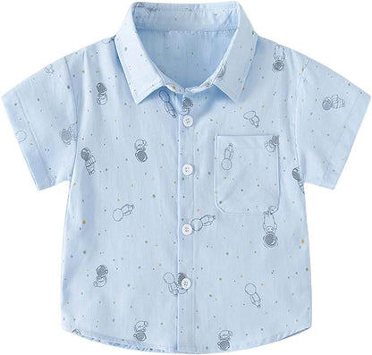 Blue button up collared astronaut shirt for kids