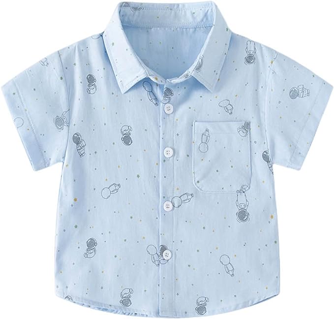 Blue button up collared astronaut shirt for kids