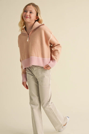 Tween Girls Half Zip Sailor Collar Sweater