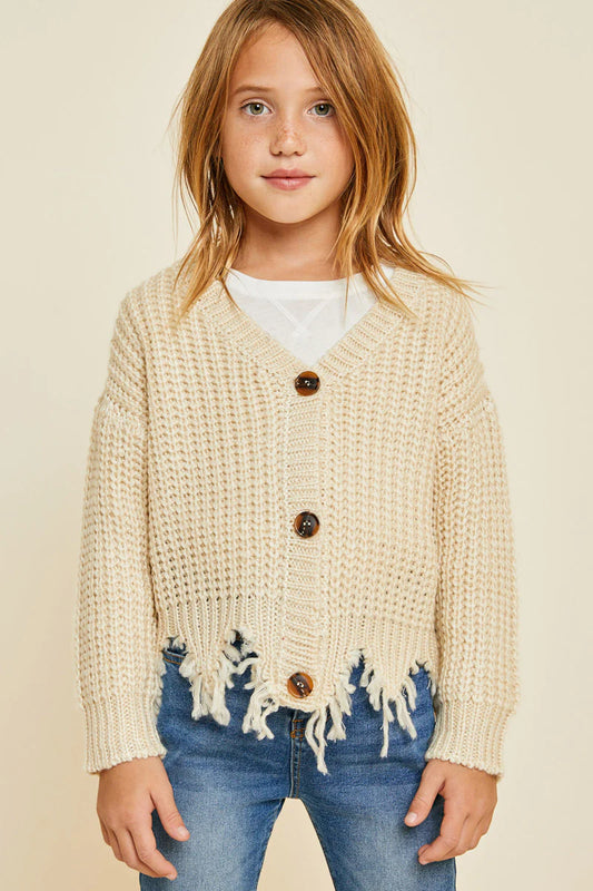 Girls Cream Distressed Hem Button-Down Cropped Cardigan