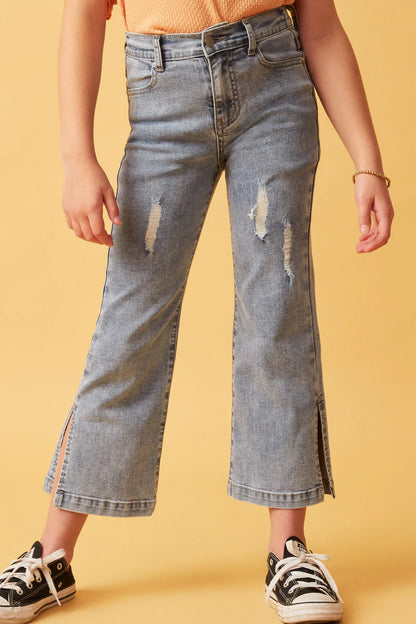 Girls Side Slit Distressed Bootcut Stretch Denim