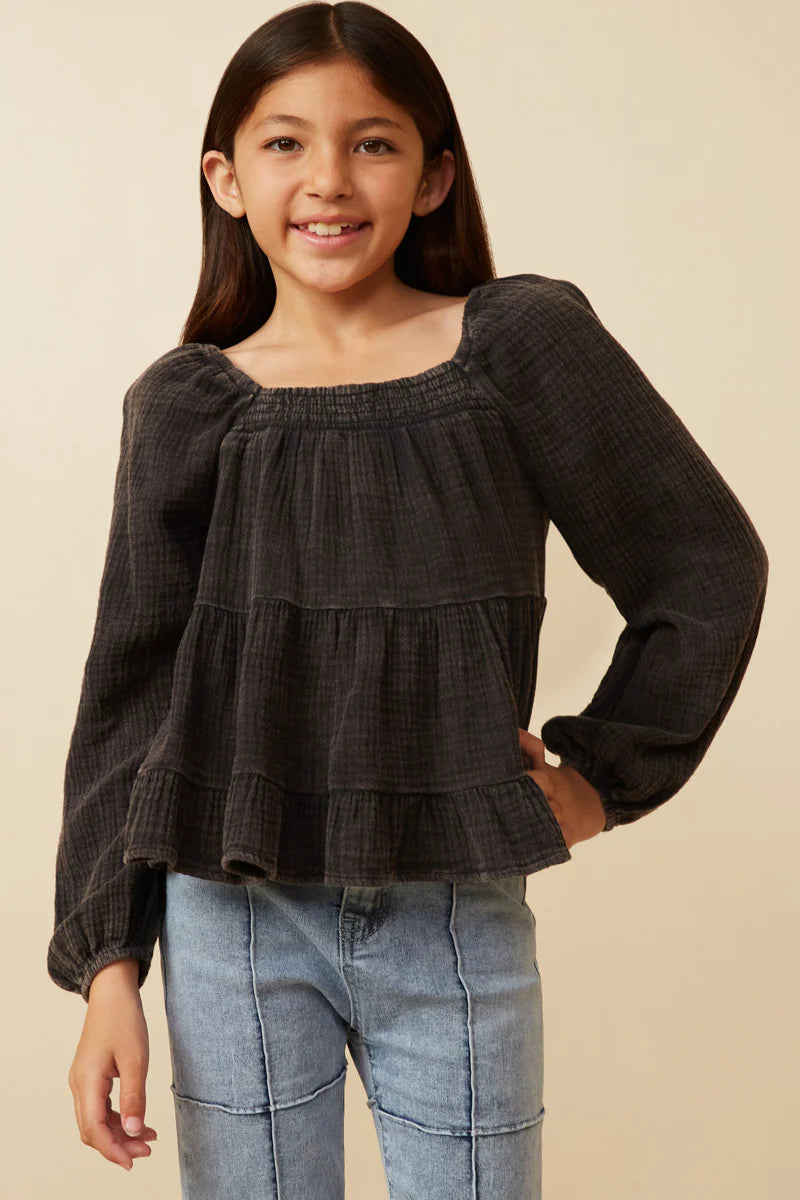 Girls Smock Detailed Textured Washed Peplum Top