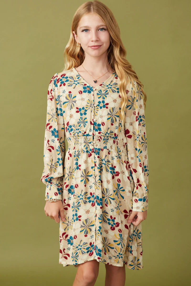 Girls Floral Print Button Up V Neck Smock Detail Dress