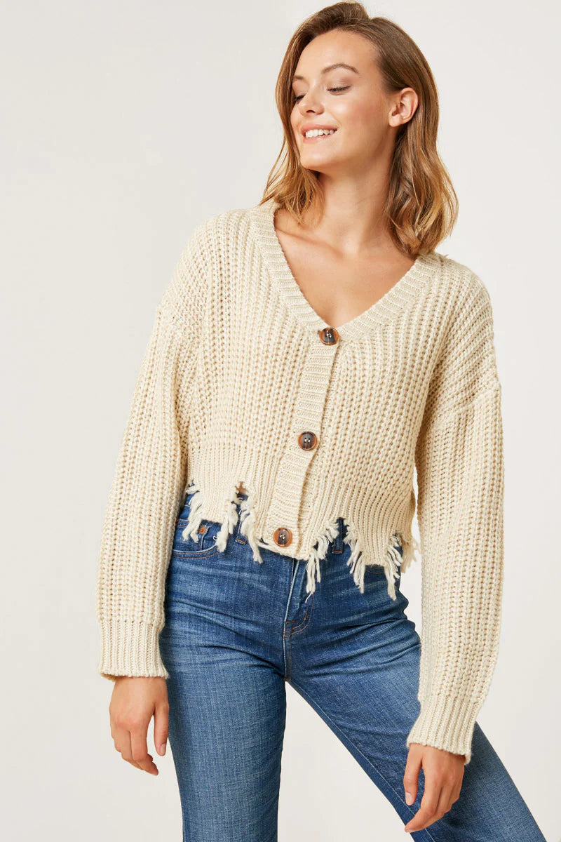 Womens Cream Distressed Hem Button-Down Cropped Cardigan