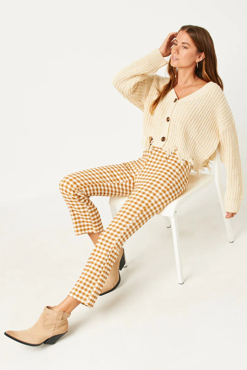 Womens Button Closure Stretch Checkered Pants