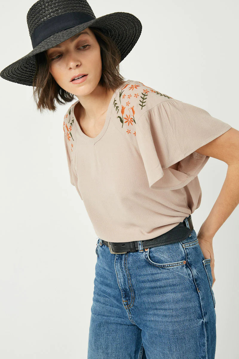 Womens Embroidered Flutter Sleeve Top
