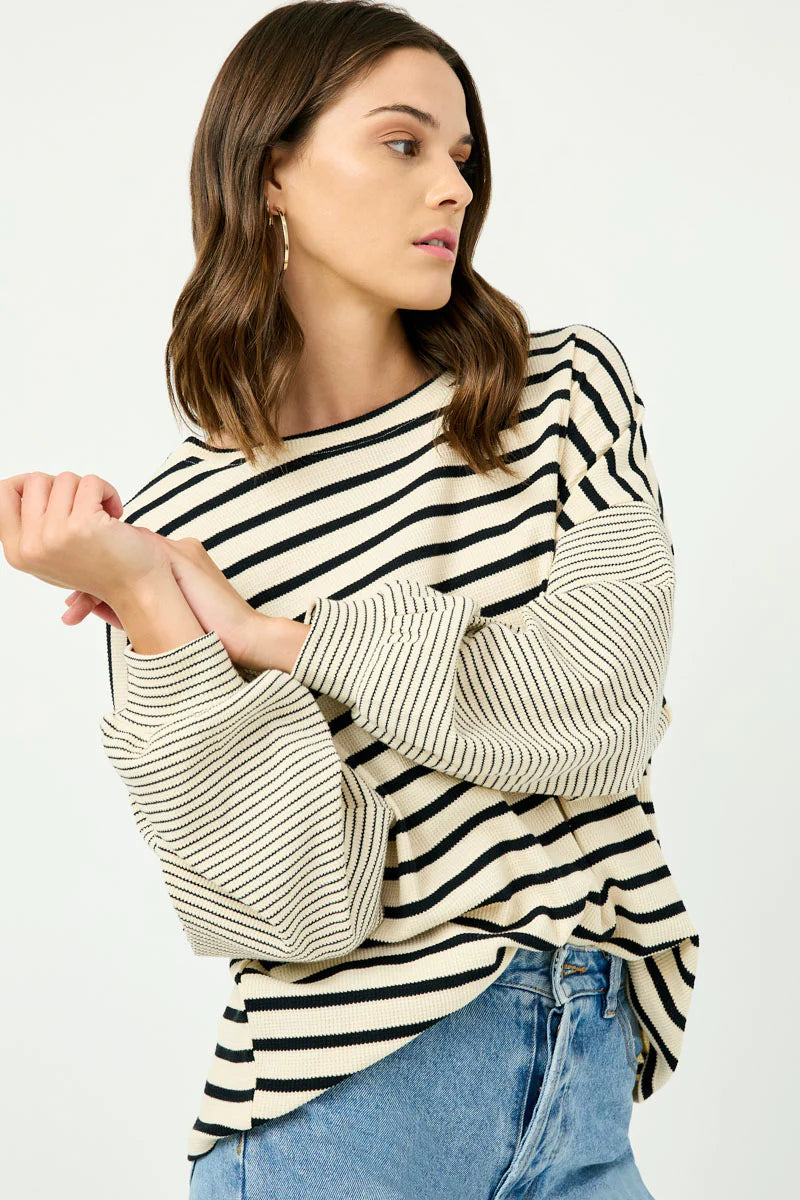 Womens Contrast Stripe Sleeve Textured Knit Top