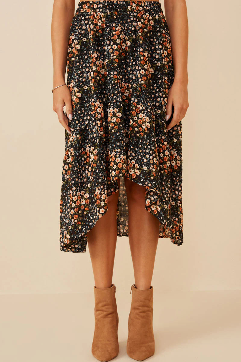 Womens Textured Floral Print Asymmetric Midi Skirt