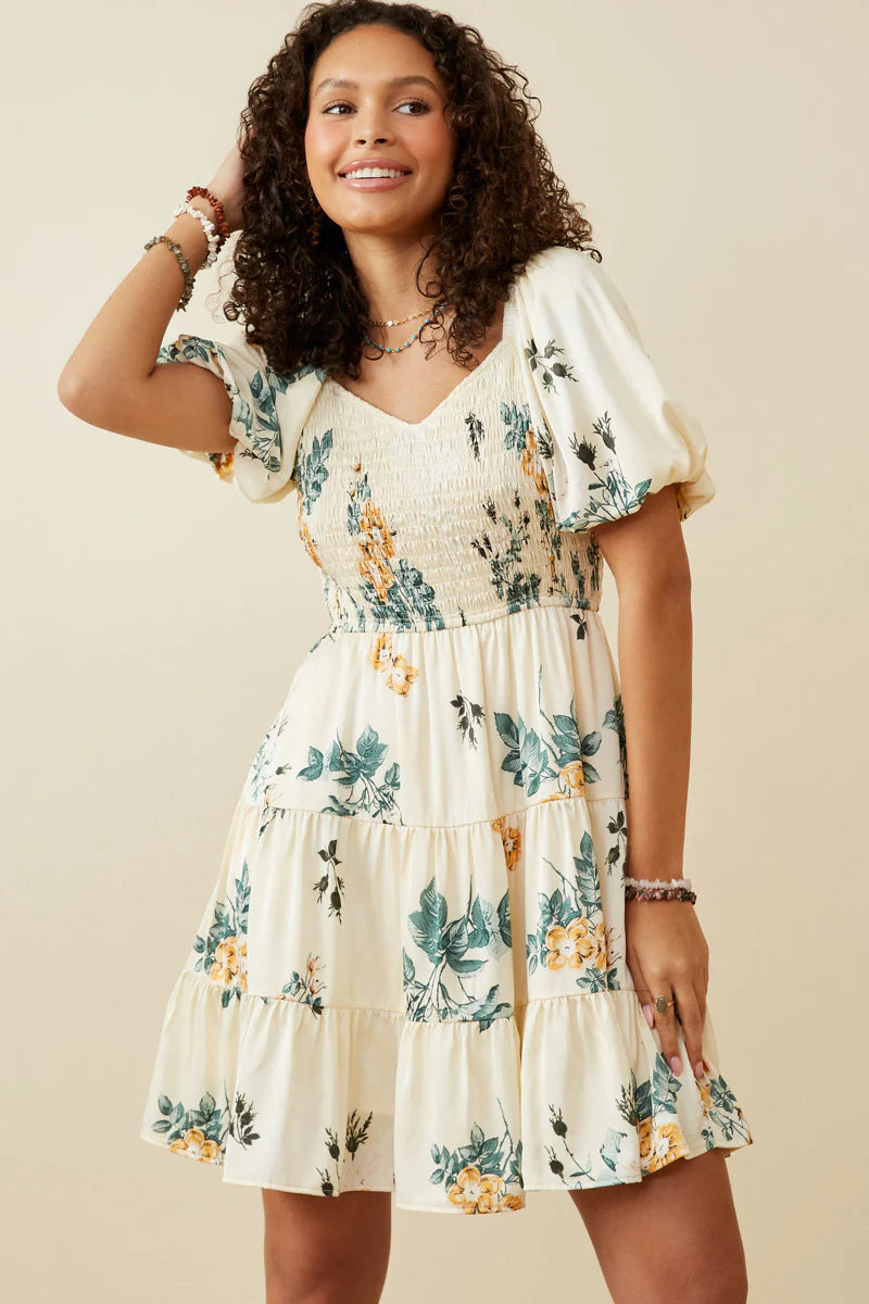 Womens Romantic Floral Smocked Sheen Dress