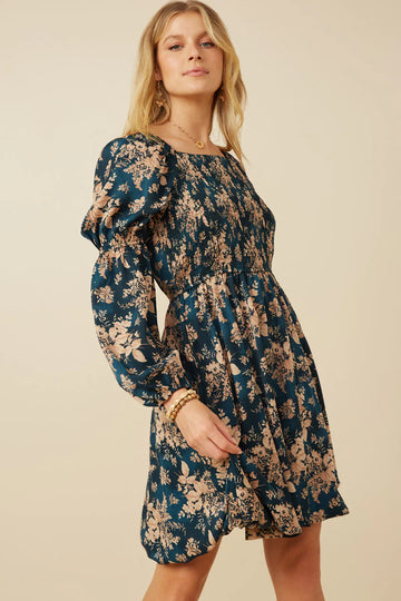 Womens Floral Peasant Sleeve Square Neck Dress