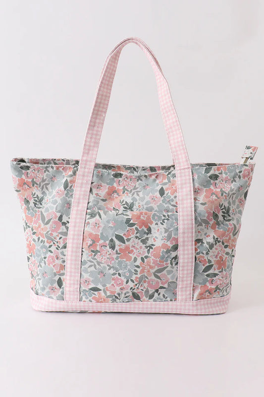 Pink Floral Plaid Tote Bag