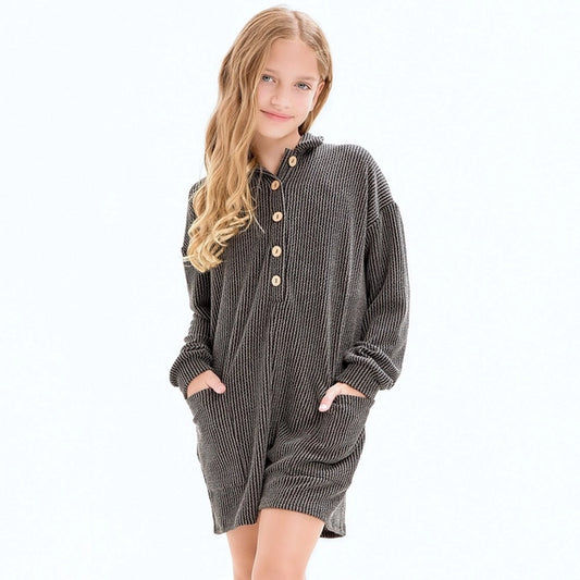 Embossed Rib Collared Button Up Romper