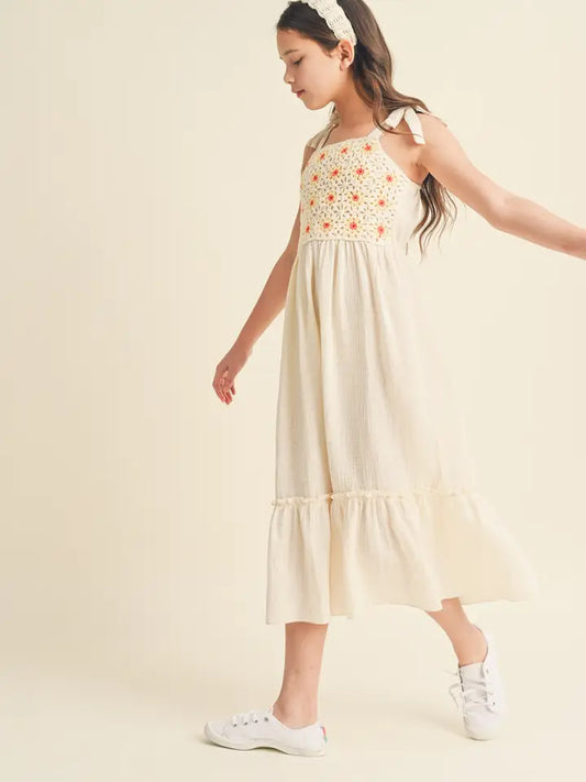 Tween Kids Girls Crochet Tie Shoulder Midi Dress