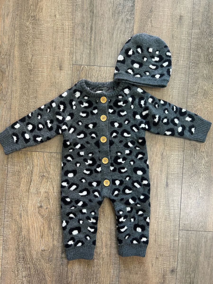 Grey Leopard Romper With Hat