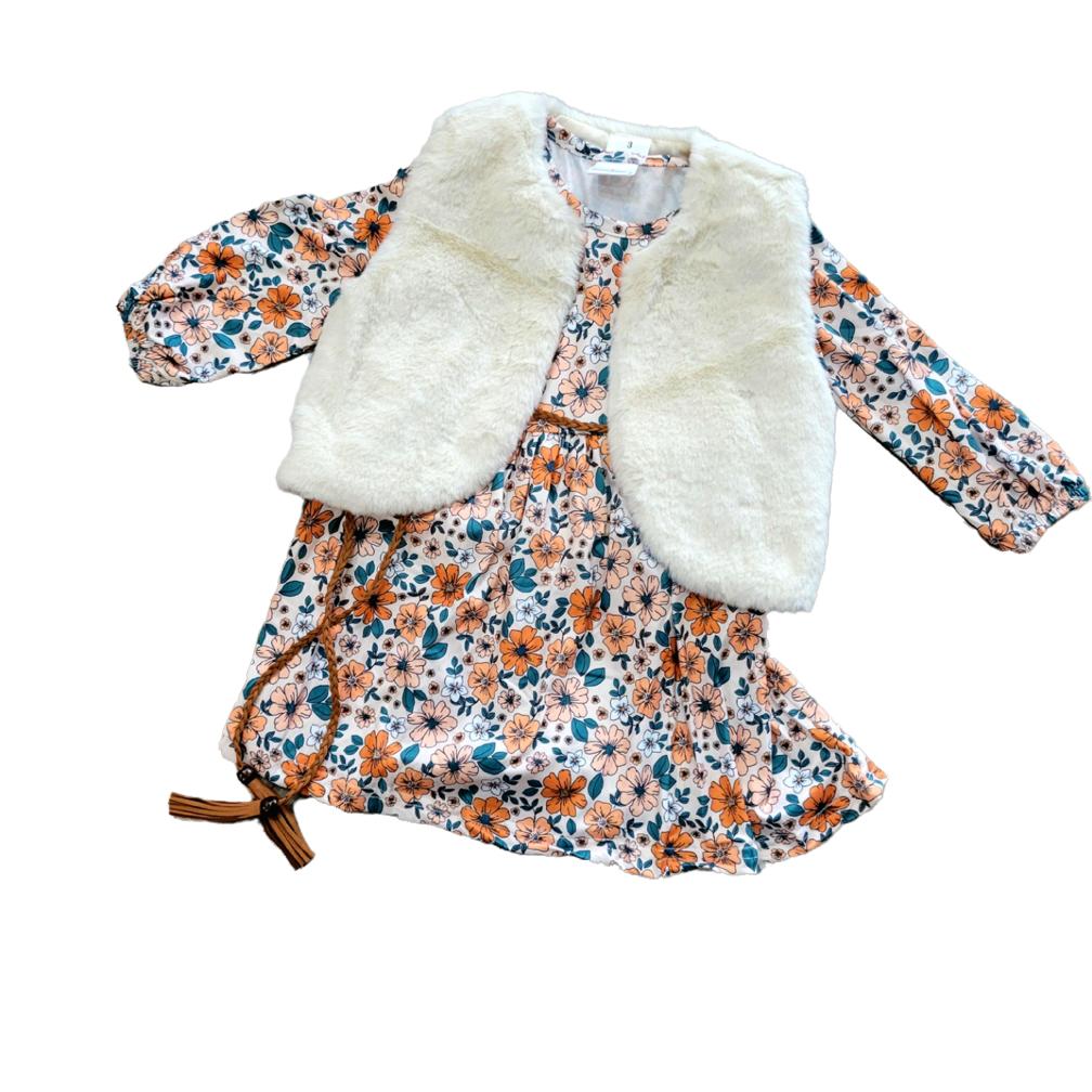 Floral Dress with Fur Vest, Woven Belt