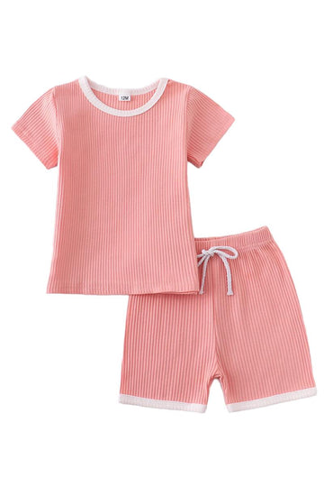Pink Ribbed Cotton Girls Shorts Set